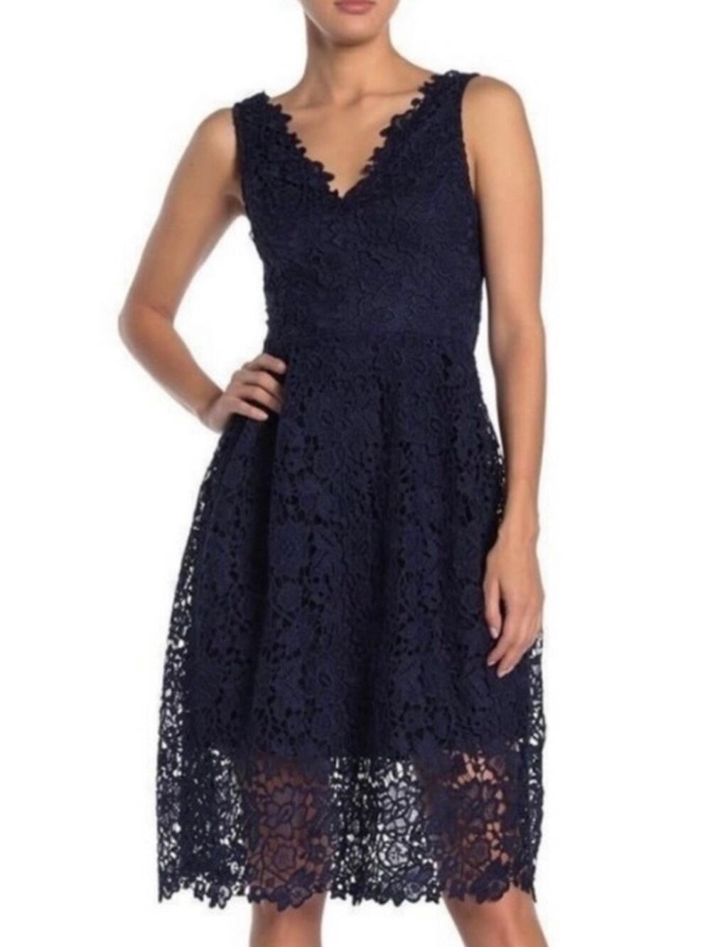 NWT ASTR The Label V Neck Fit & Flare Dress Navy Blue Crochet Lace Party Size S
